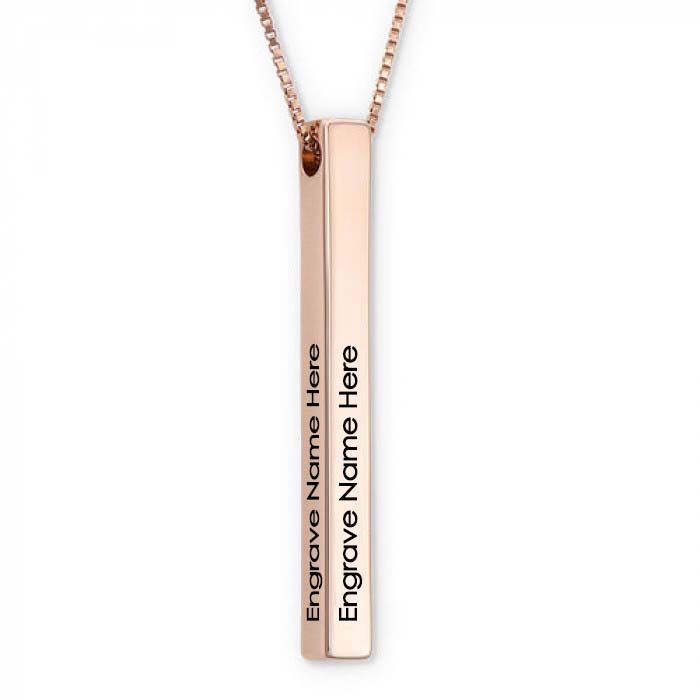 Engraved 3D long bar necklace in sterling silver with rose gold